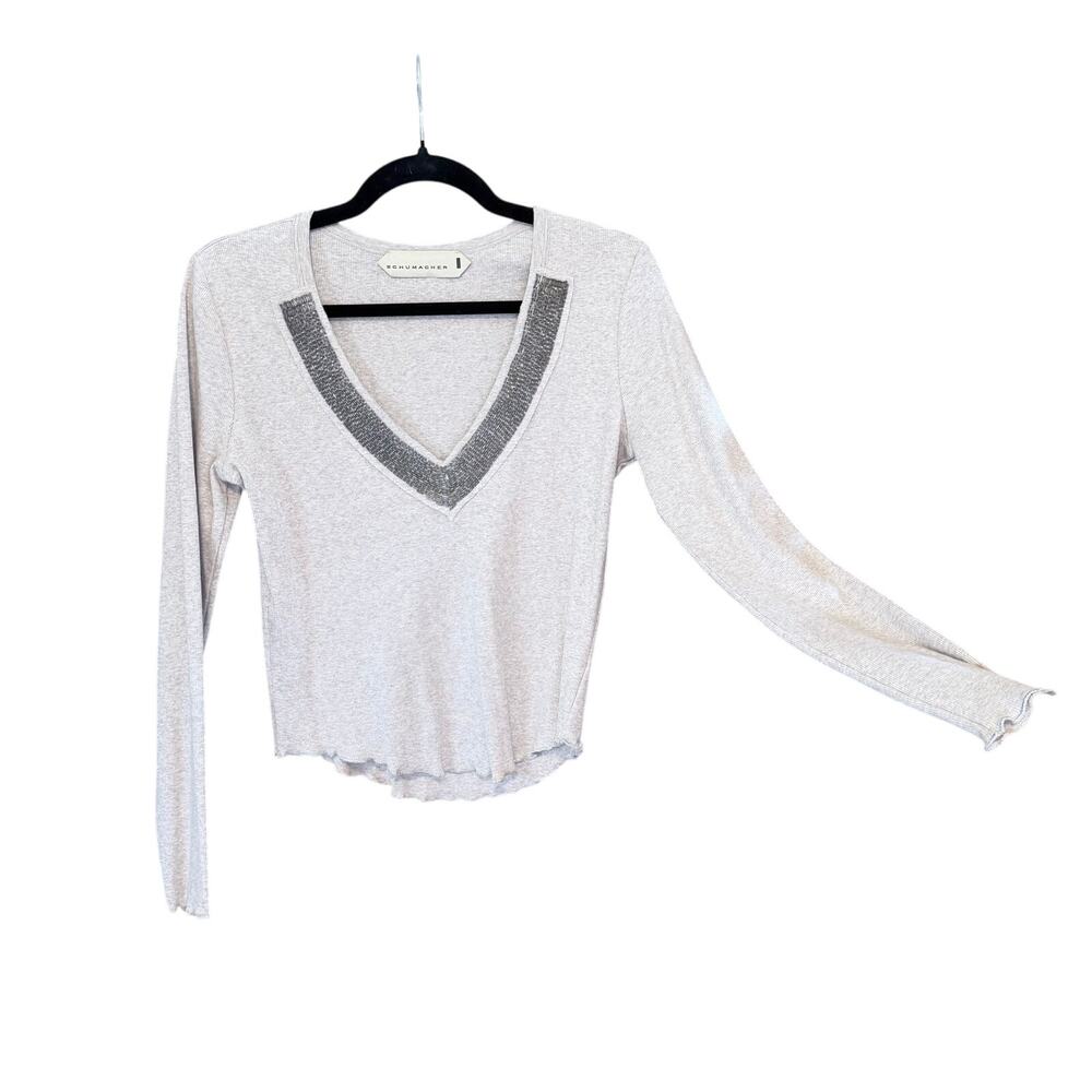 Schumacher white Y2K vintage beaded cropped long sleeve top medium lettuce hem